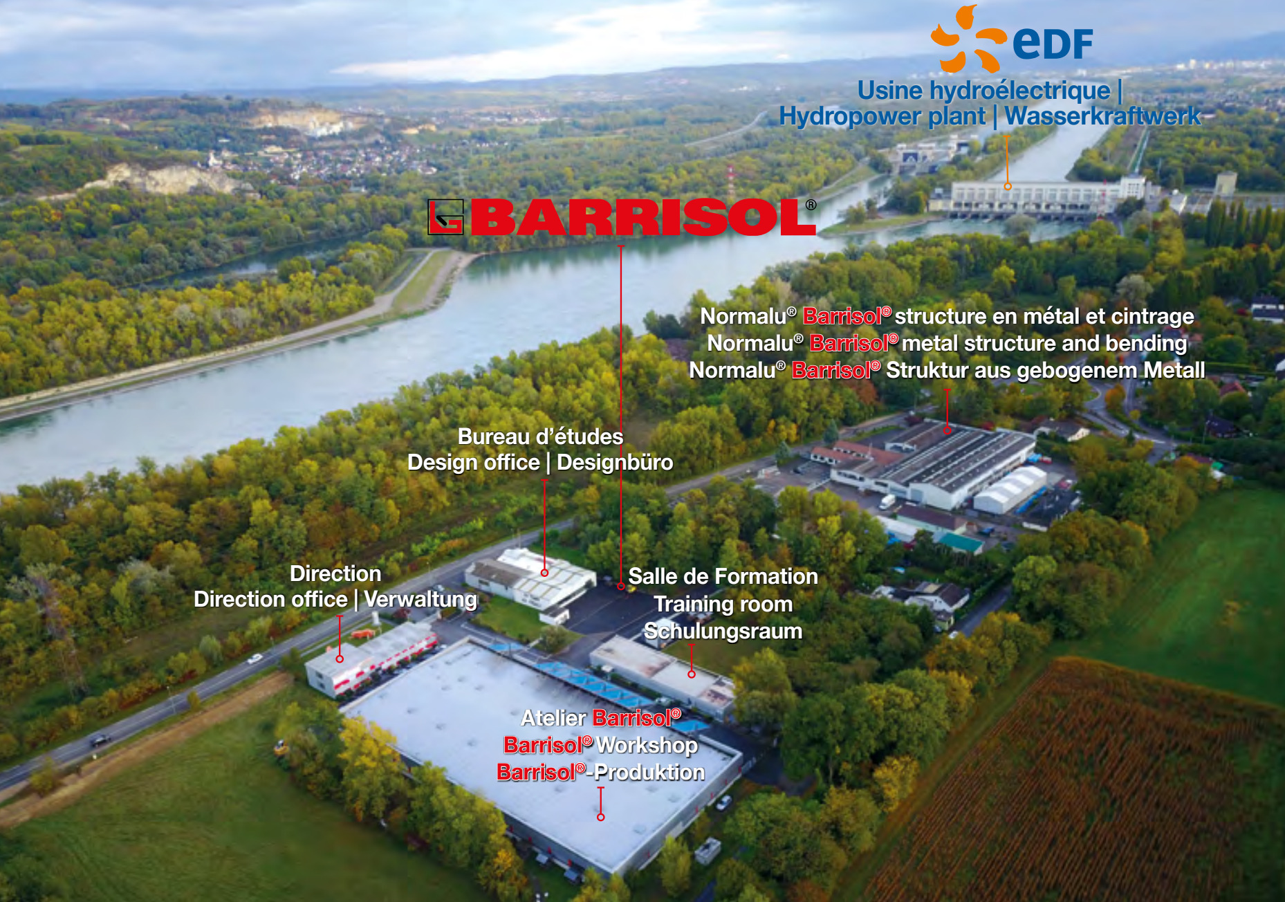 Vue aérienne de l'usine Barrisol à proximité de la centrage hydroélectrique EDF