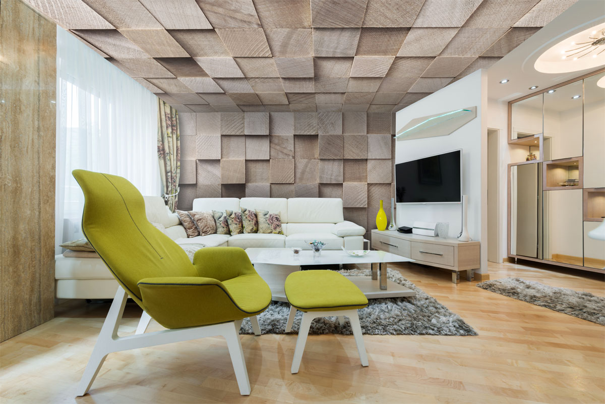 Plafond Barrisol® et mur Artolis® motif cubes de bois réf. BEW01