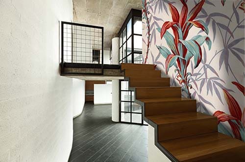 Interior staircase with huge wall canvas printed with flowers